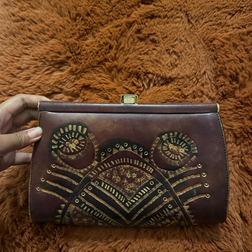 Vintage African Tribal Leather and Silk Clutch Purse
